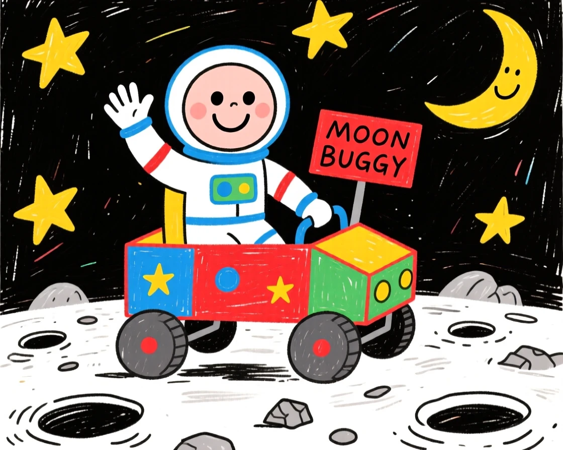 An astronaut waving from atop a moon buggy.