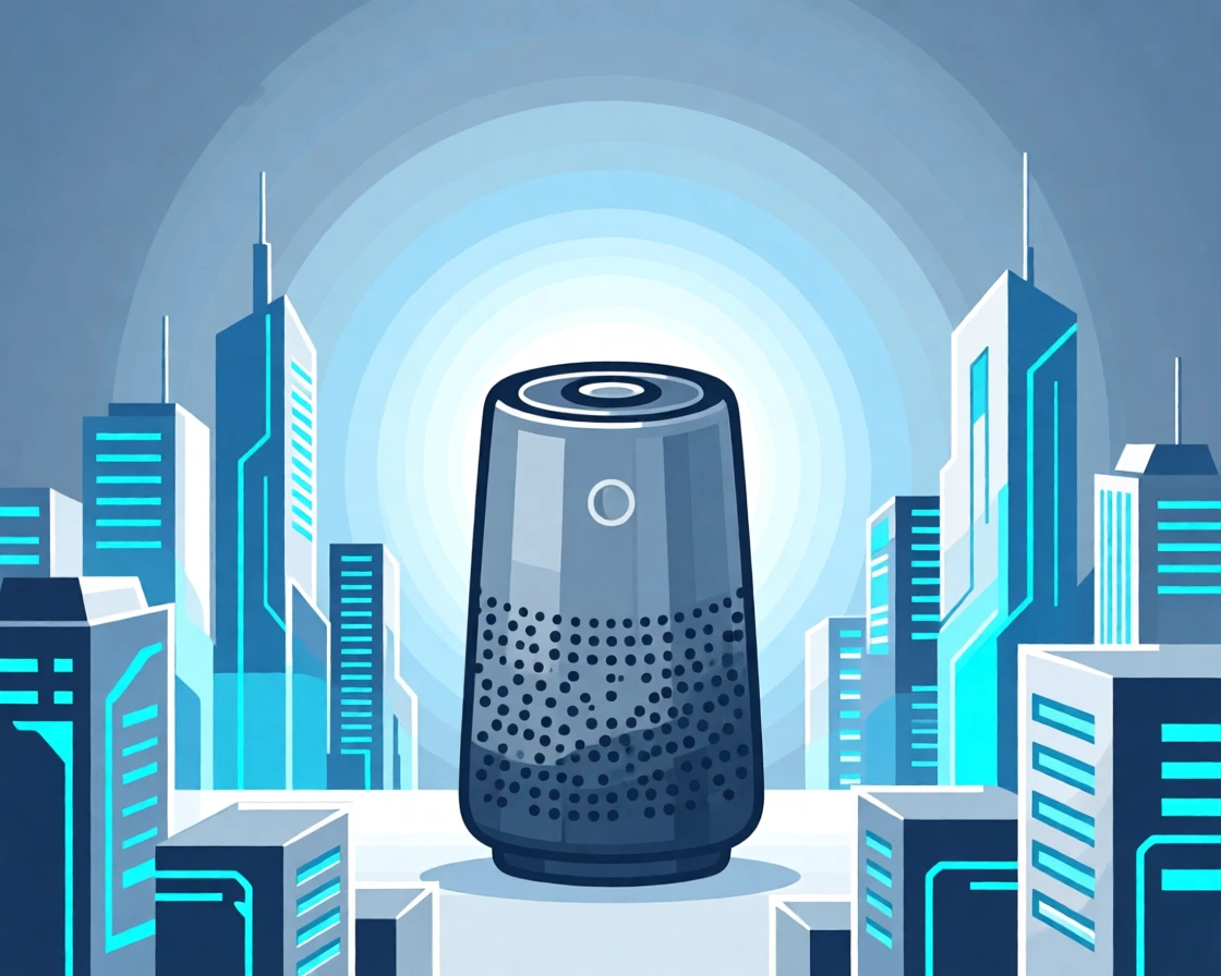 A smart speaker glowing with a soft pulsing light, surrounded by a glowing futuristic cityscape, composed with clean lines and a modern minimalist balance, with a subtle sense of wonder about future possibilities.