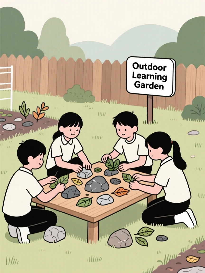 A group of students sorting rocks and leaves in an outdoor learning garden.