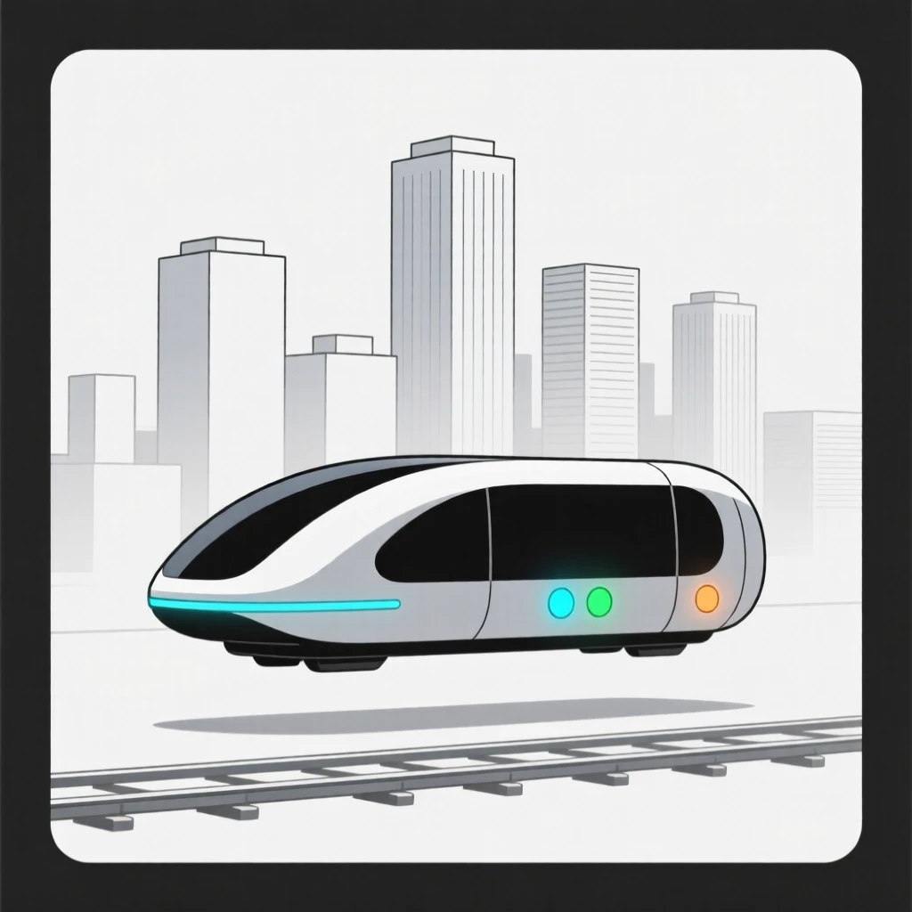 A view of futuristic city transit pod operating within a futuristic city skyline, near glowing indicator lights, evoking quiet efficiency.