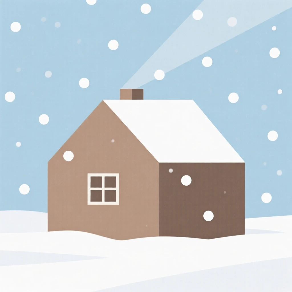 A cozy cabin surrounded by falling snow
