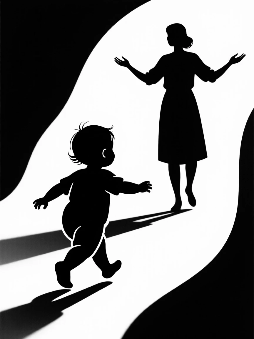 A toddler taking wobbly first steps toward a parent.