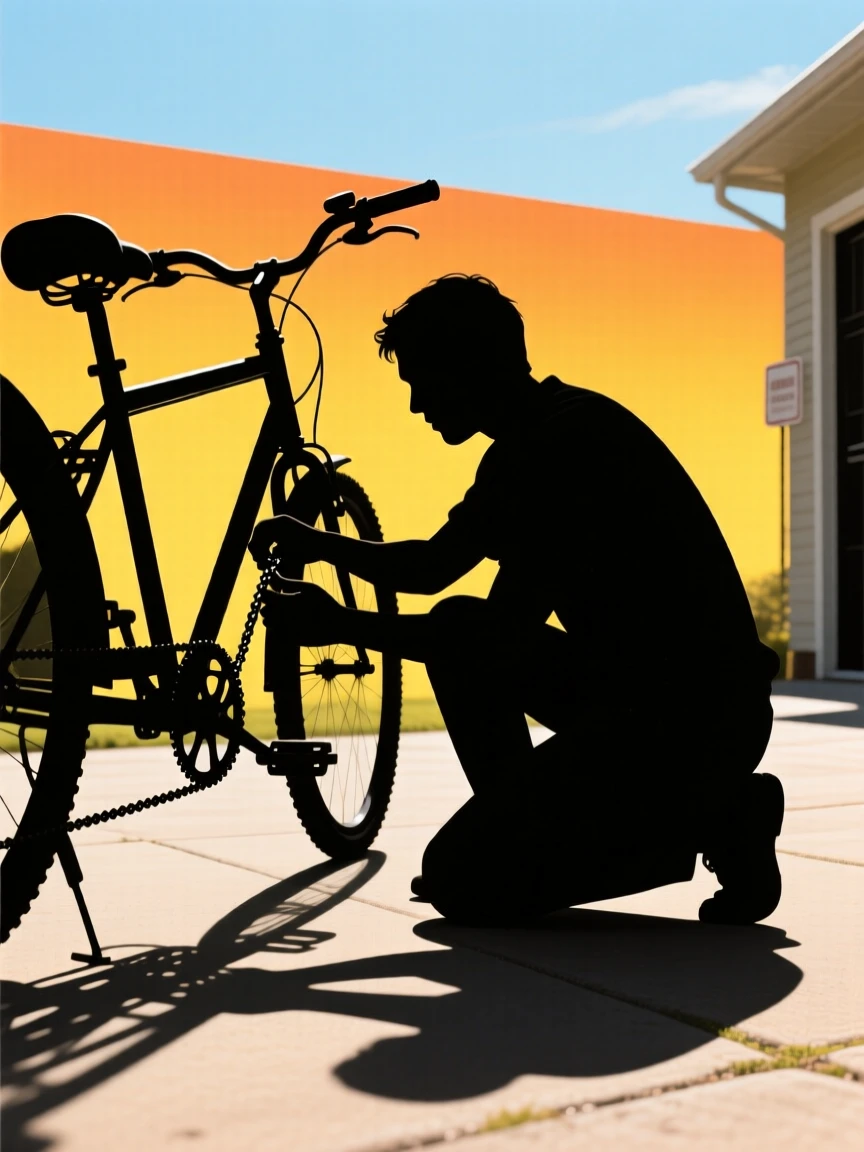 A person repairing a bicycle chain in a sunny driveway.