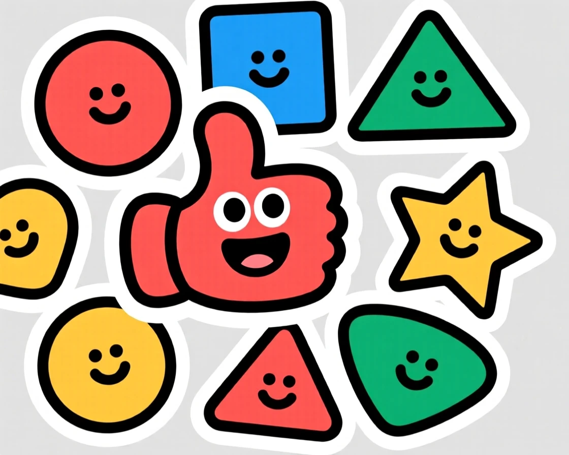 A warm and welcoming happy cartoon shapes forming a fun pattern, giving an enthusiastic thumbs up, made for curious young minds.