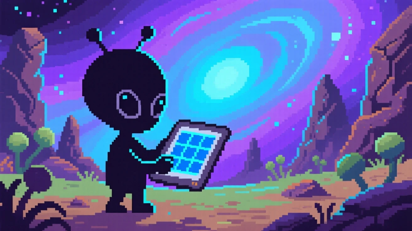 A curious alien child mapping out an unexplored alien landscape, within a nebula glowing in shades of purple and blue.
