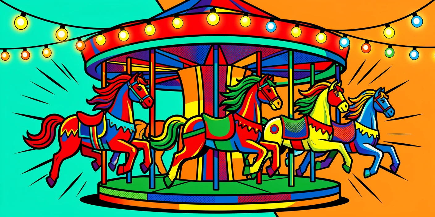 Elaborate carousel horses spinning under string lights