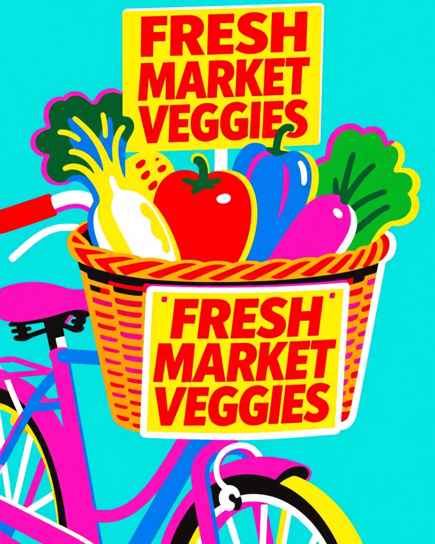 Bicycle basket overflowing with market vegetables