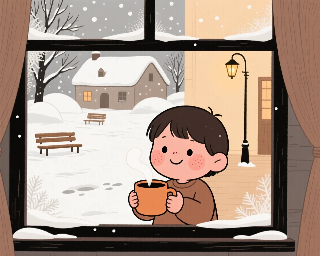 Snow blankets a quiet village square while a child watches from a frosted window, a mug of warm tea warming their hands.