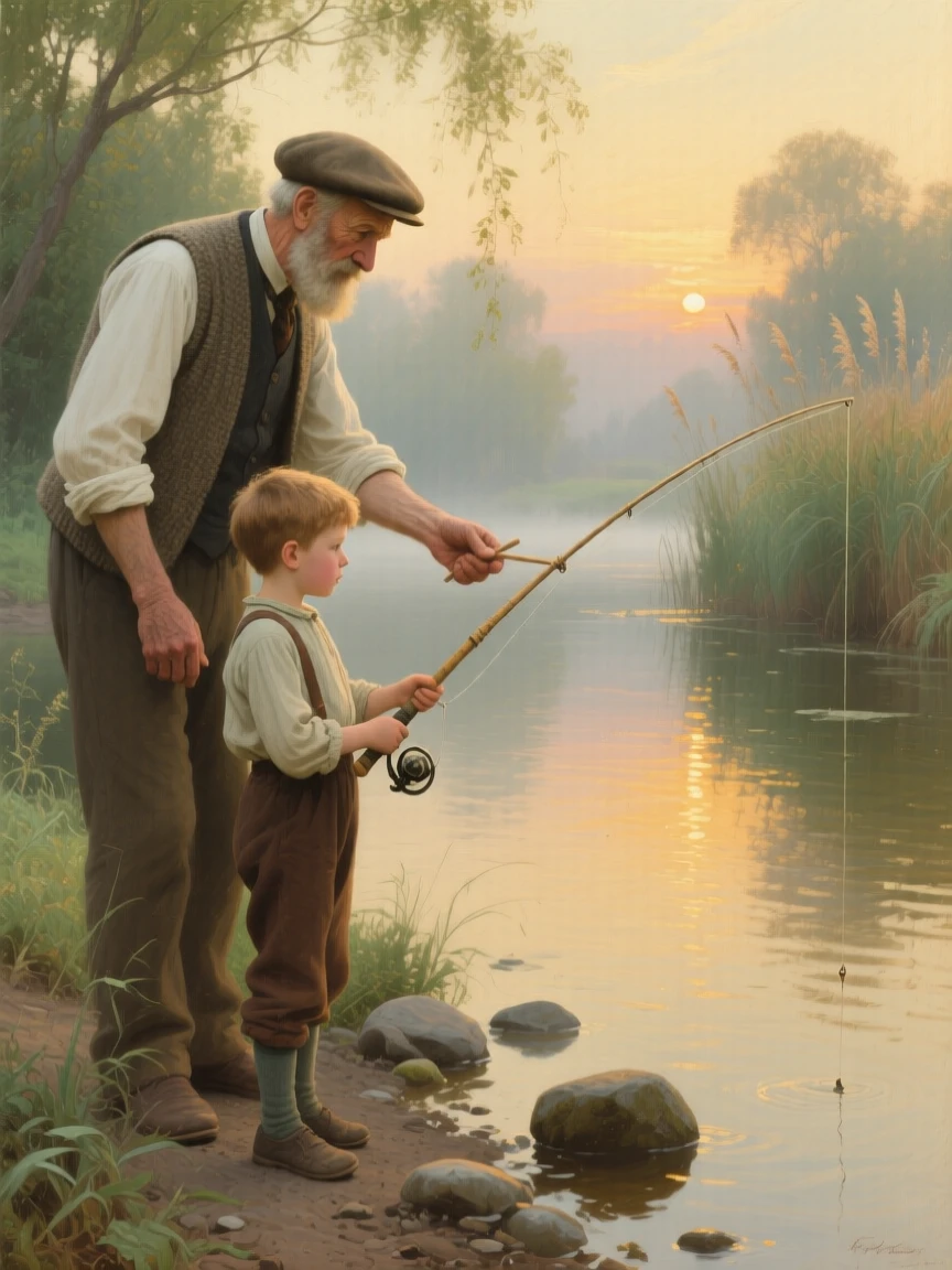 A medium shot of a grandfather teaching his grandson to fish by a quiet river, in early morning light, in the Victorian era.