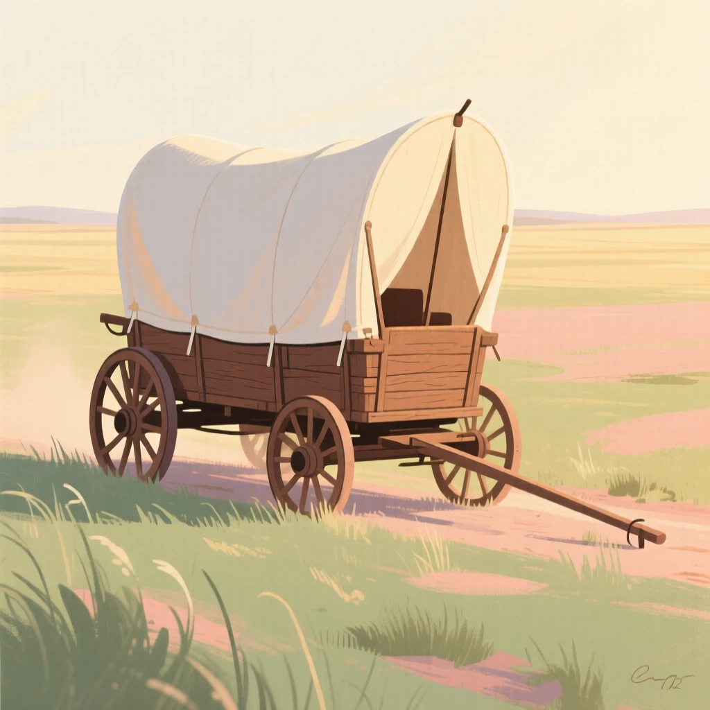 An old-fashioned expedition wagon crossing a vast open plain
