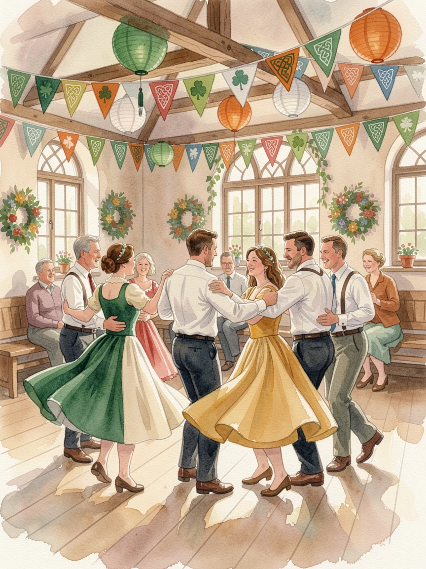 A traditional Irish céilí dance in a village hall surrounded by vibrant traditional decorations.