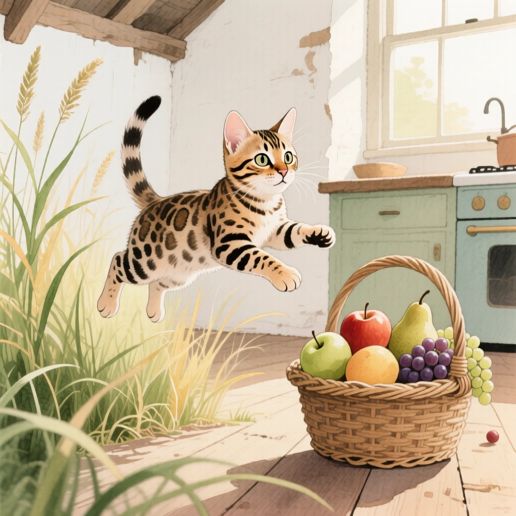 A Bengal kitten hops through tall grass in a rustic farmhouse kitchen, beside a basket of ripe fruit