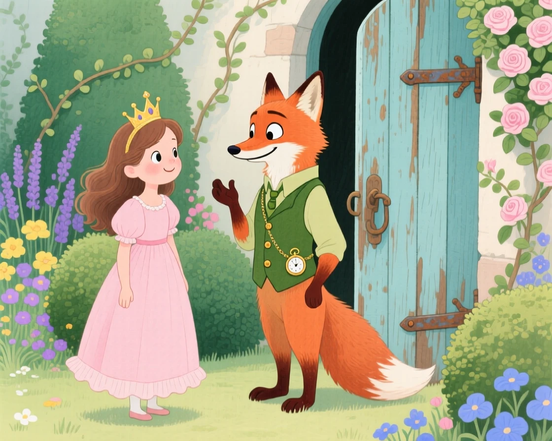 A little princess with a golden crown meeting a talking fox in a waistcoat in a secret garden behind an old door.