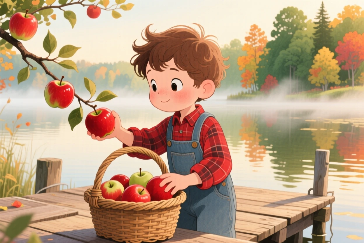 A curious little boy picking apples and filling a wicker basket, in a lakeside dock at early morning, evoking a warm sense of nostalgia.