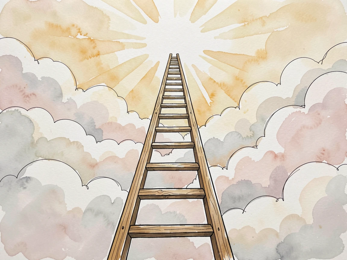 A ladder reaching up through clouds toward a burst of sunlight, warm light framing the scene with gentle optimism.