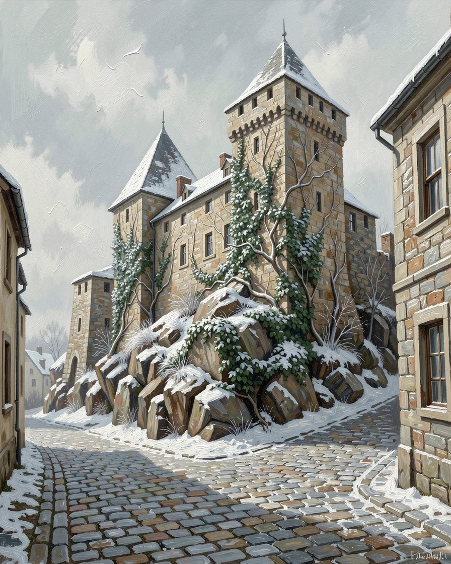 Surrounded by centuries-old cobblestone streets, an ancient stone castle perched on a rocky hilltop, ivy climbing across its weathered stone facade, in soft winter light with a dusting of snow on the rooftops.