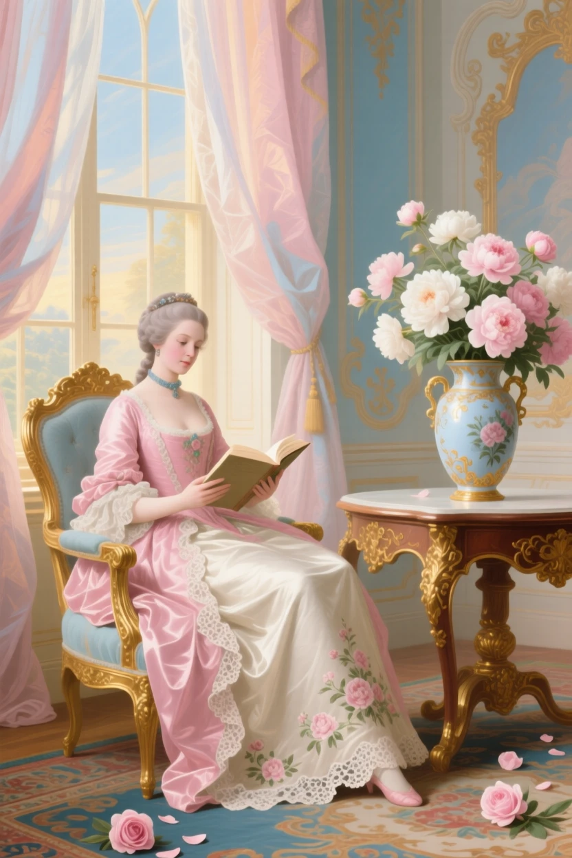 A queen reading a book beside a vase of peonies and a sunlit window  