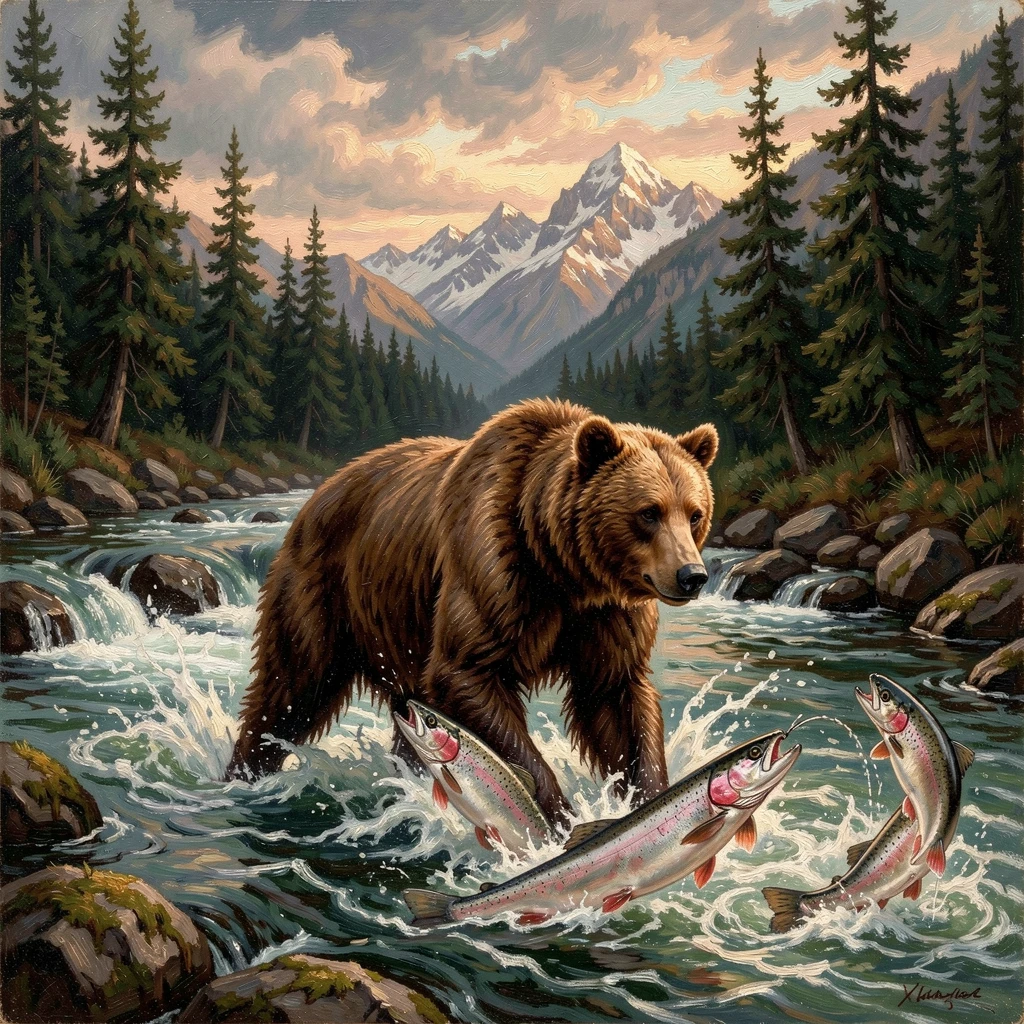 A bear fishes for salmon in a rushing mountain river.