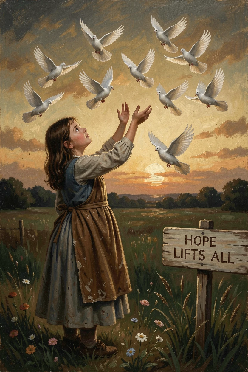 A young girl reaching toward a flock of doves released into a golden sky, as a single meaningful gesture captures the heart of the moment, capturing a powerful moment of hope, resilience, and human triumph