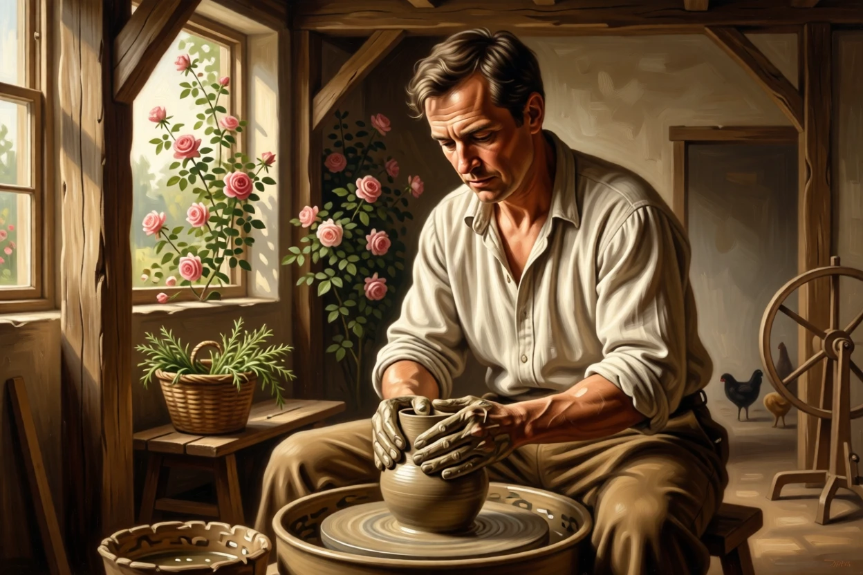 A potter shaping clay at the wheel in a sunlit workshop in a scene both modest and deeply human, set beside a rustic cottage framed by climbing roses, with worn hands, simple clothing, and the honest textures of daily labor; background activity adds gentle life without distracting from the center, capturing the timeless rhythm of rural and village life.