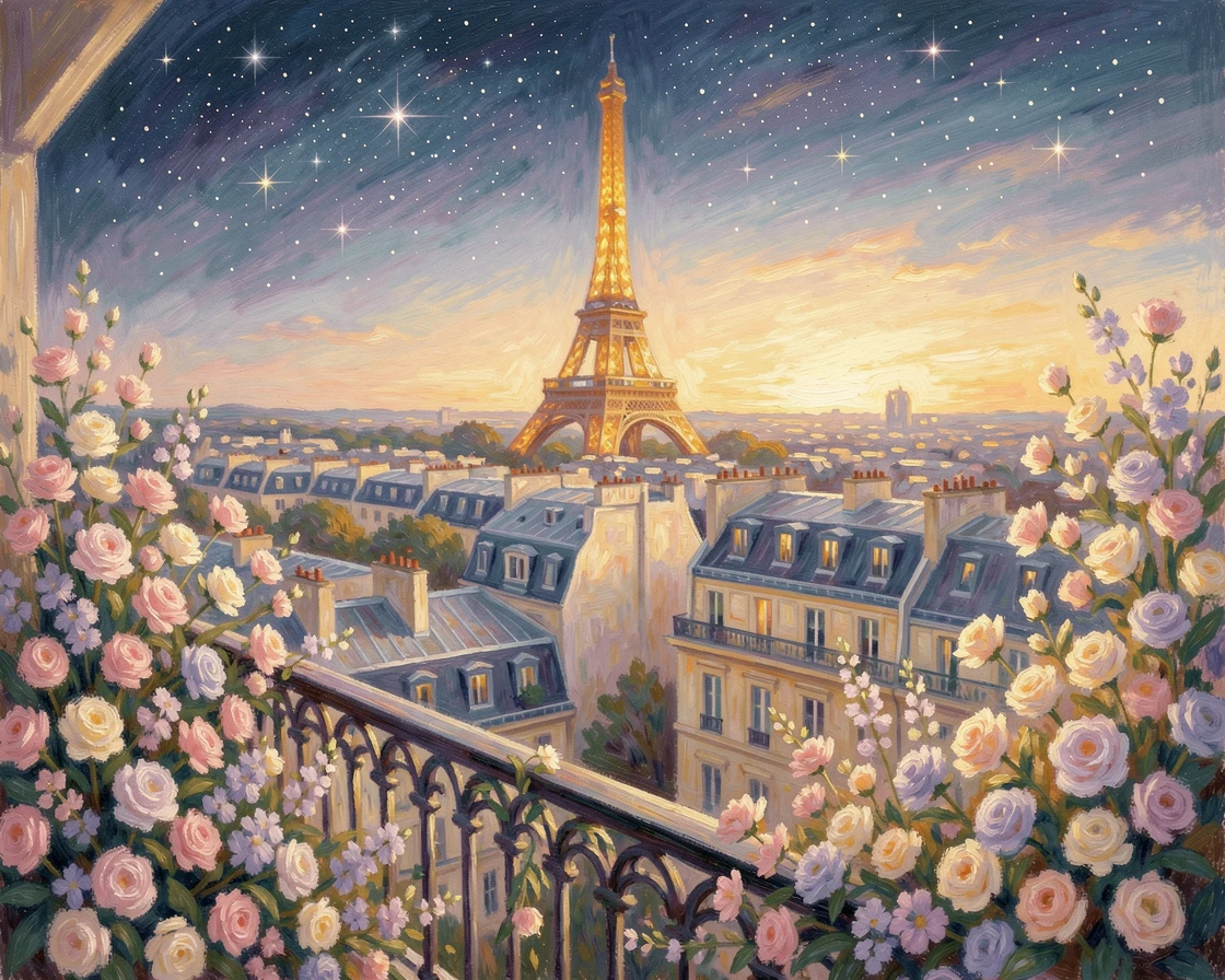 The Eiffel Tower rising above a sea of Parisian rooftops at golden hour, seen from a flower-filled balcony, under a canopy of stars.
