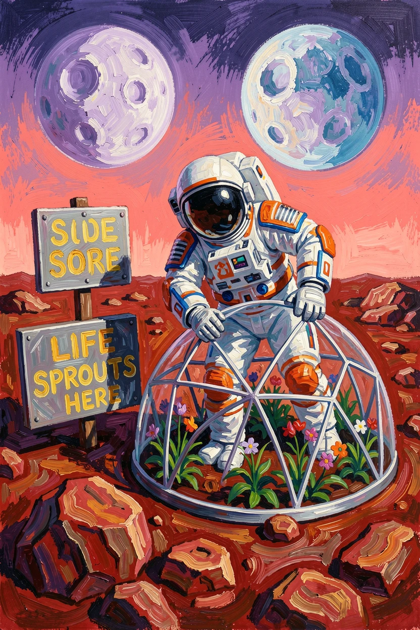 A young astronaut planting a garden dome on a distant red planet under twin moons.
