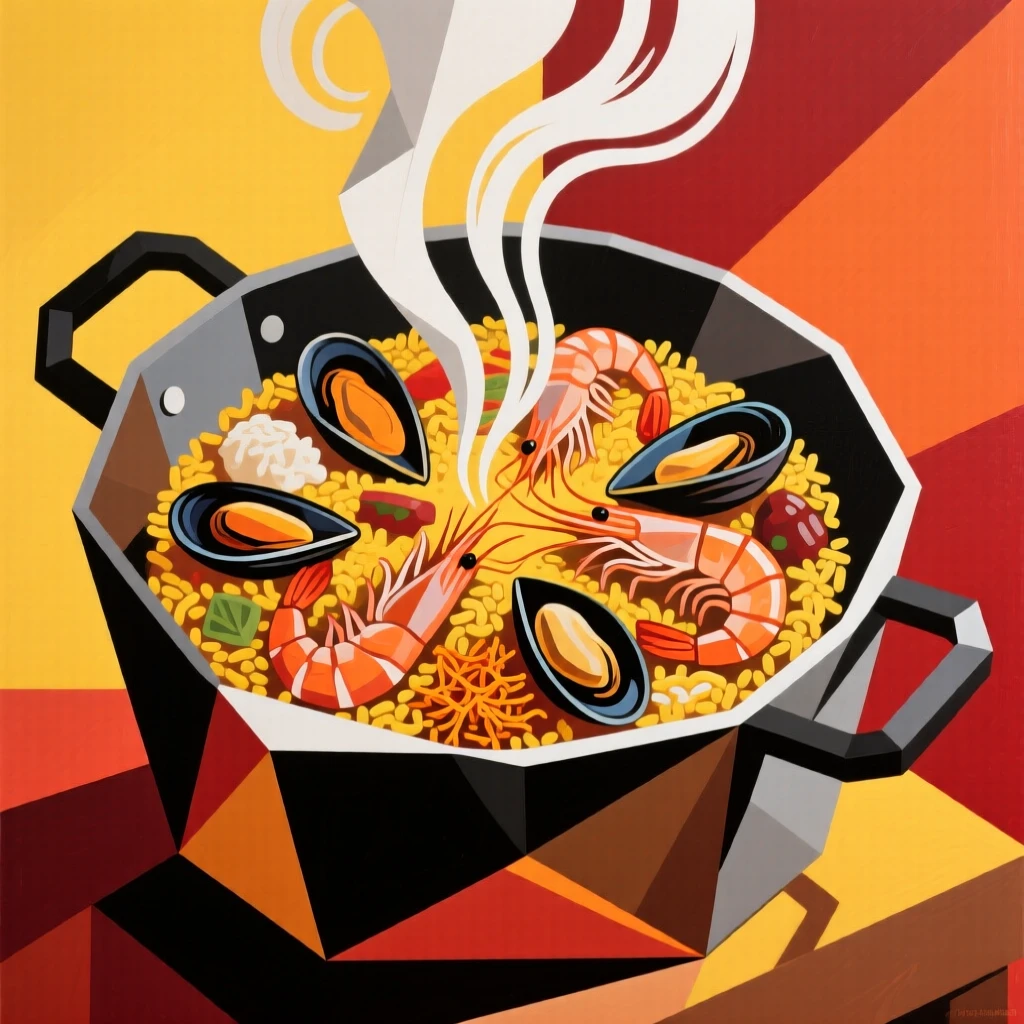 A steaming pot of paella filled with shrimp, mussels, and saffron rice.