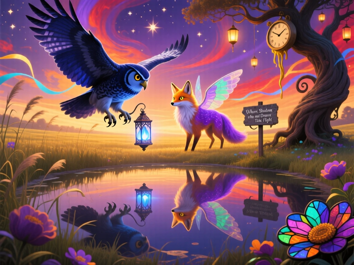 An owl carrying a small glowing lantern in its outstretched talons wanders calmly through a field bathed in golden light, as its reflection shows a slightly different creature entirely.