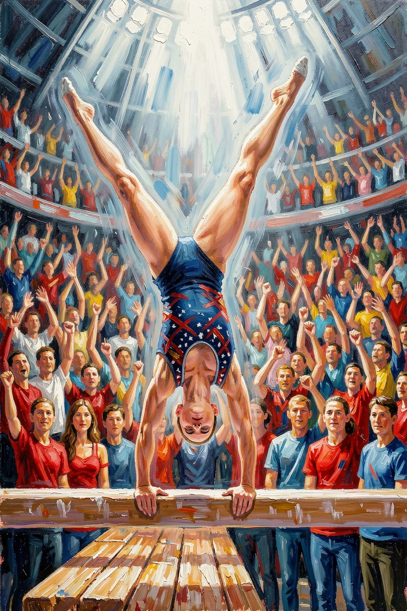 A gymnast holds a perfect handstand on the balance beam, muscles taut with focus beneath bright arena lighting, the surrounding crowd adding energy and movement to the edges of the composition.