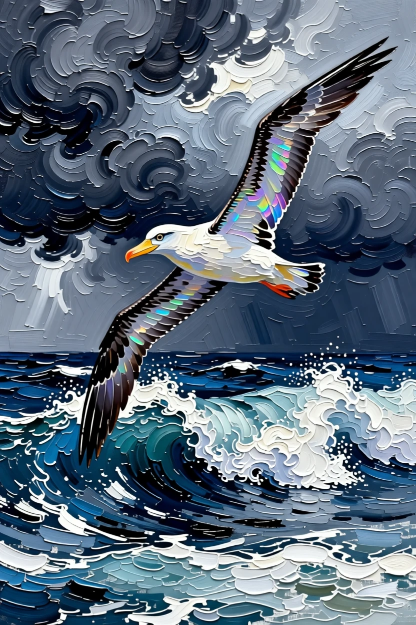 An albatross gliding effortlessly just above the surface of a stormy sea