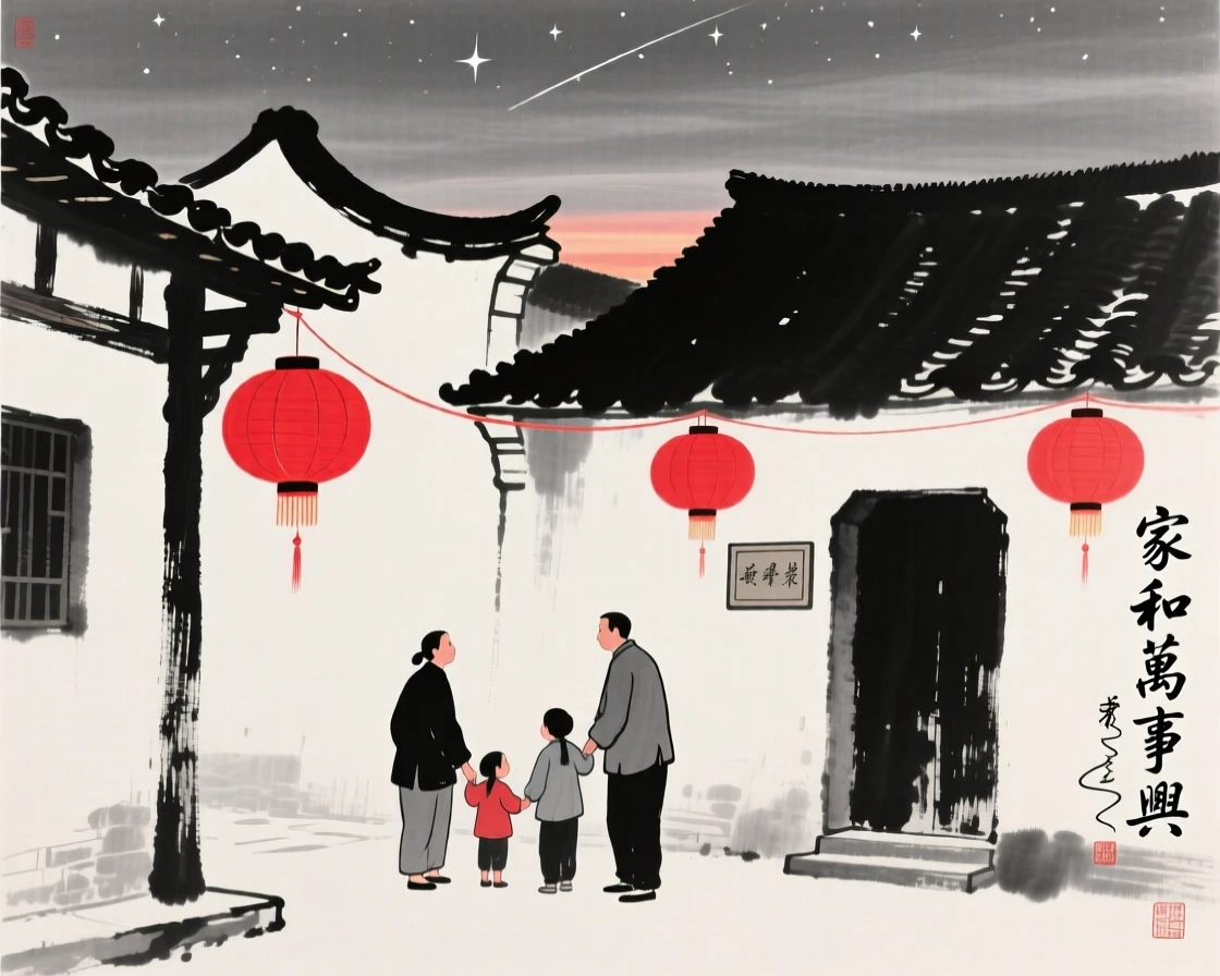 A family hangs red lanterns along the eaves of their courtyard home, as the first stars appear above the festive village.