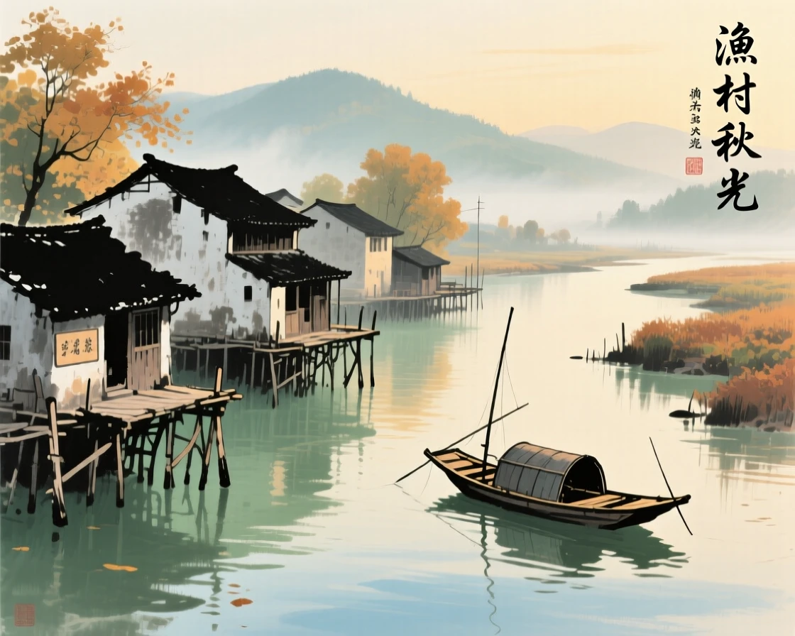 A fishing village of stilted houses along a quiet estuary, at the turn of autumn, in the soft light of late afternoon.