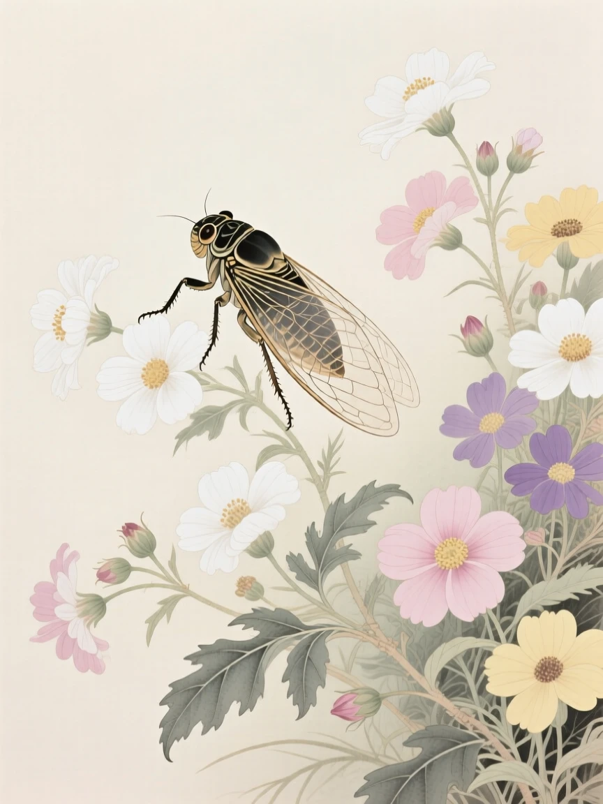 A cicada among a cluster of wildflowers at midday