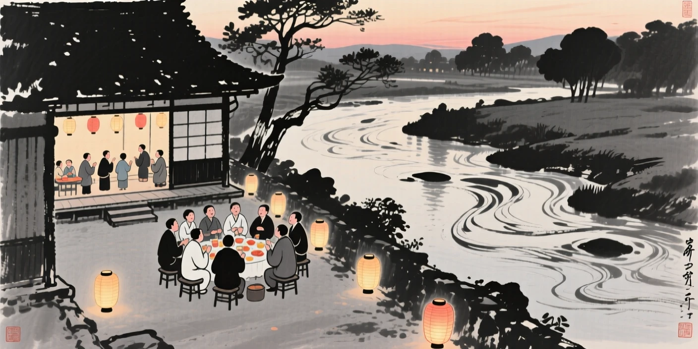 A New Year gathering with lanterns lit along a courtyard beside a slow-moving river at dusk, seen from a gentle elevated view over the gathering below, carrying a joyful yet peaceful atmosphere.