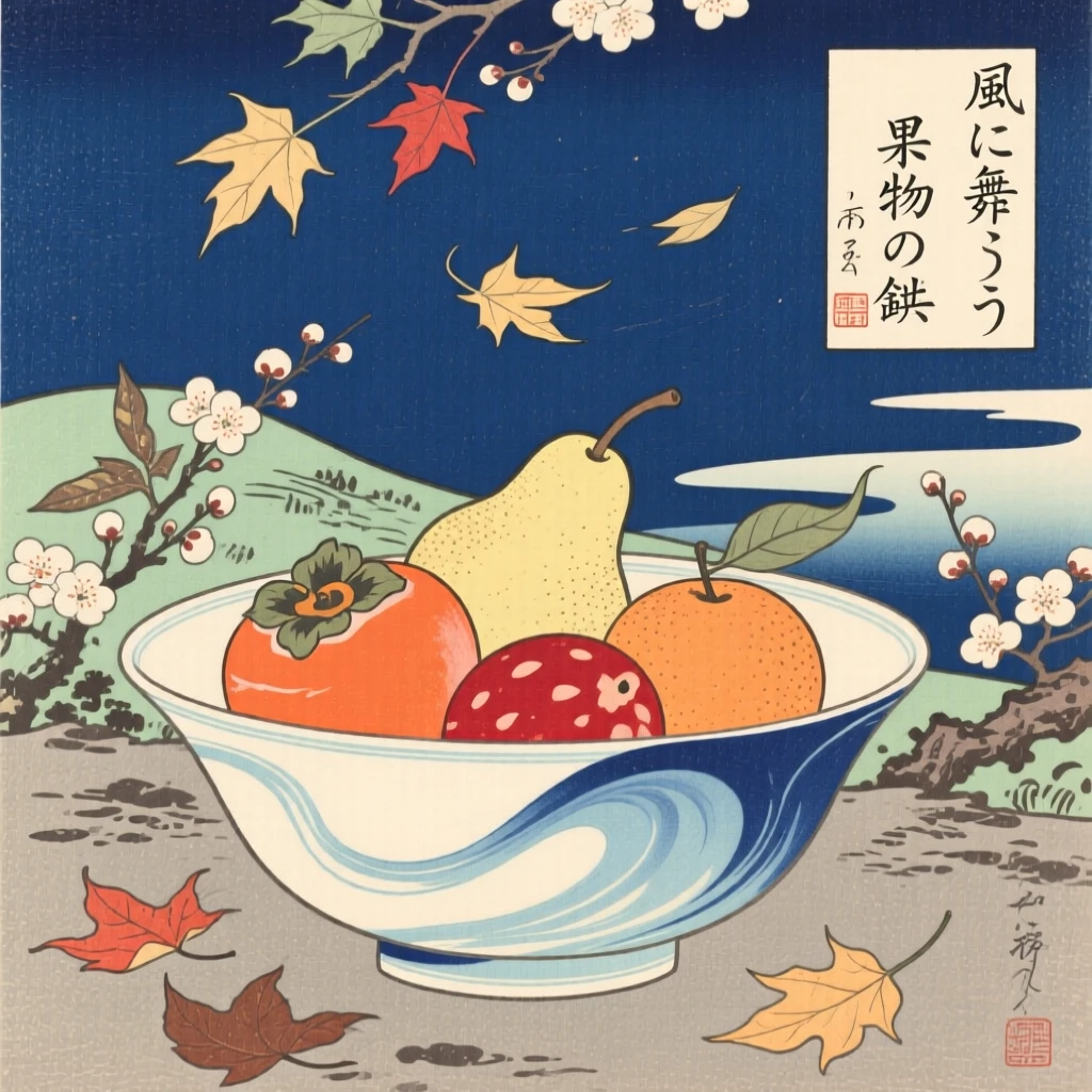 A hand-painted porcelain bowl of fruit shaped into an elegant windswept form.