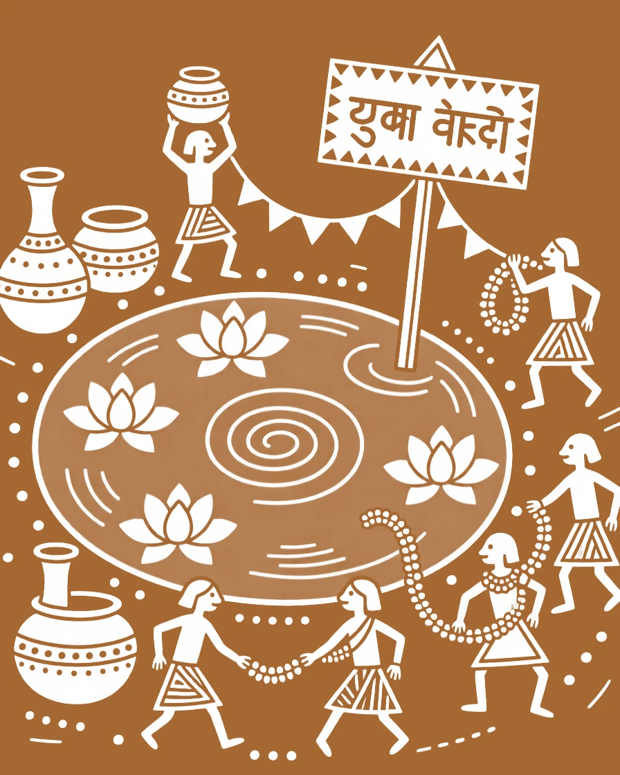 A composition centered on a lotus pond decorated with garlands and ceremonial pots.
