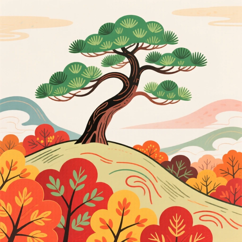 A view of a lone pine tree on a ridge surrounded by fiery autumn foliage.