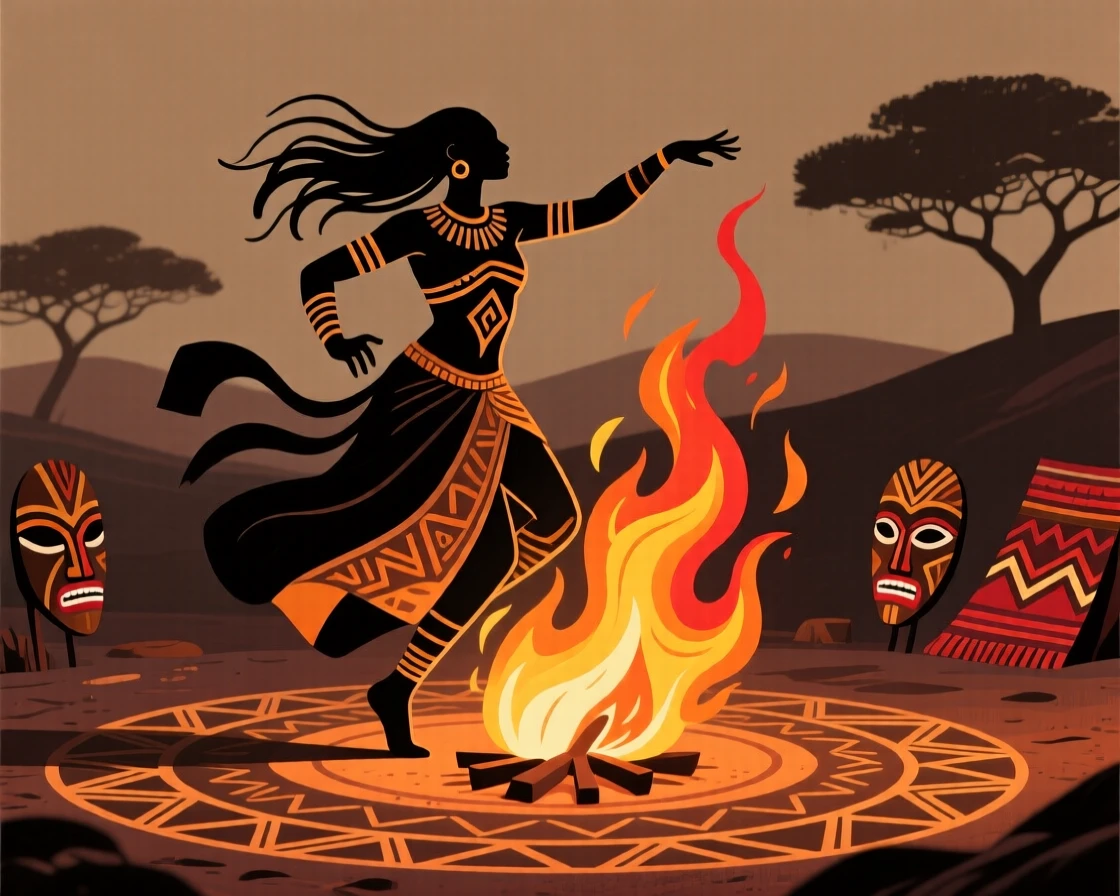 A dancer spinning wildly around a blazing fire.