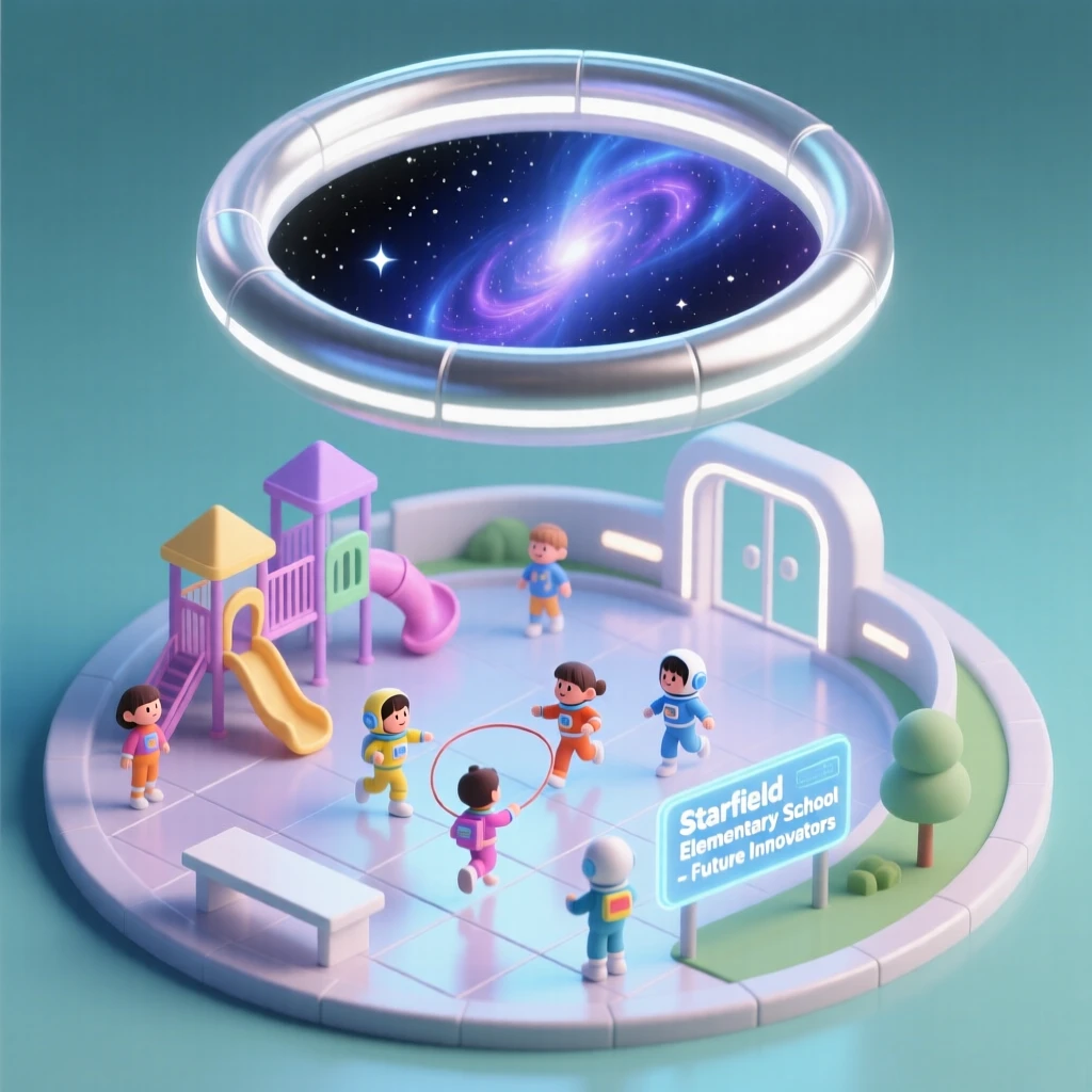 A space colony schoolyard where children play beneath a rotating ring offering views of distant stars.