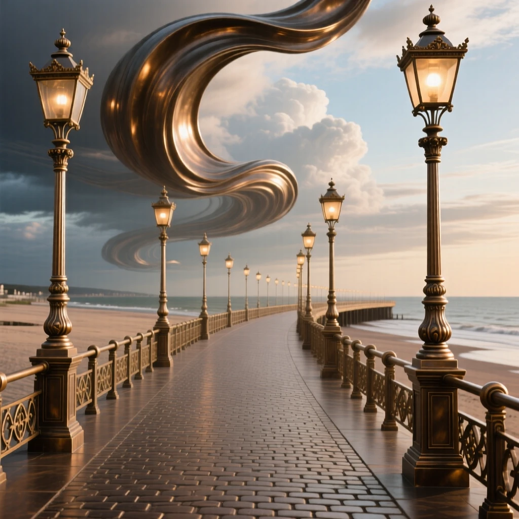 A grand seaside promenade lined with elegant lampposts, framed by a dramatic sky, exuding timeless grandeur
