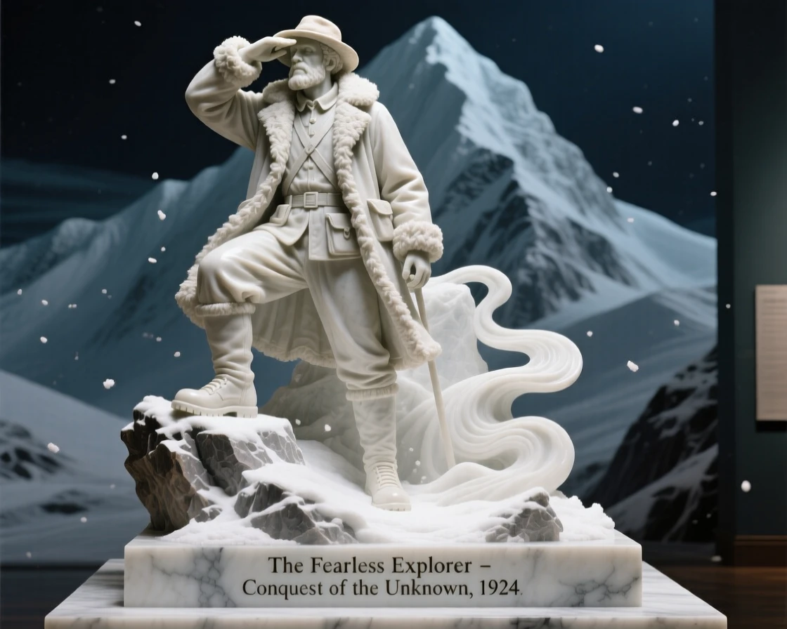 A beautifully composed image of a fearless explorer atop a snowy peak, surrounded by soft, glowing light, full of atmosphere and visual storytelling