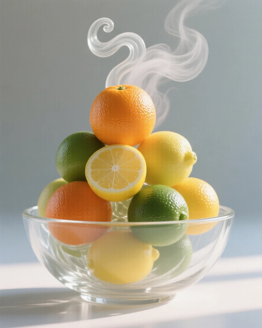 As steam rises gently into the morning air, a stack of citrus fruit piled high in a wide bowl
