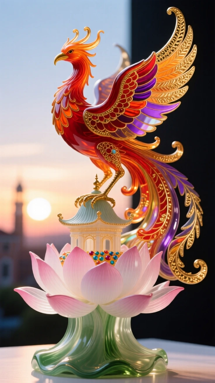 A grand phoenix perched atop a blooming lotus temple at the very first light, sacred and radiant.