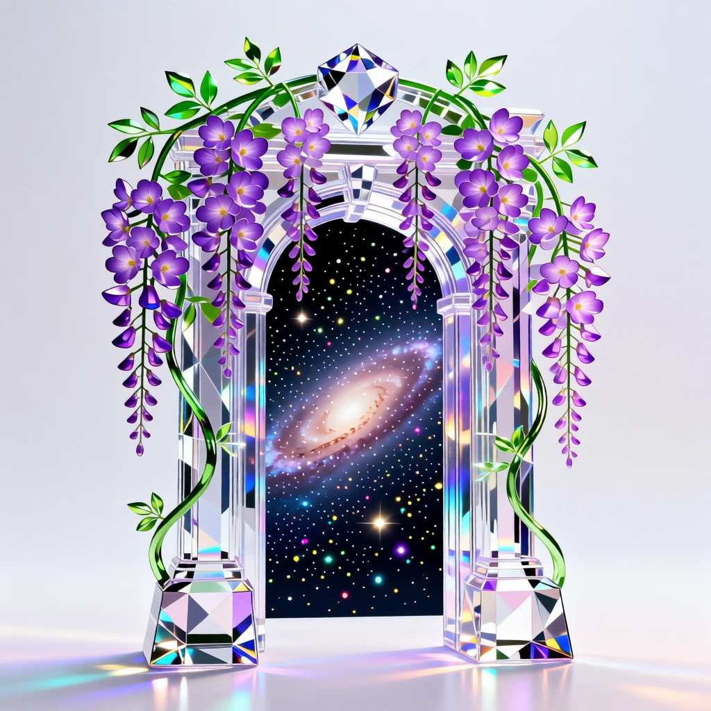 A dreamlike doorway framed by cascading wisteria opening onto a galaxy beyond.