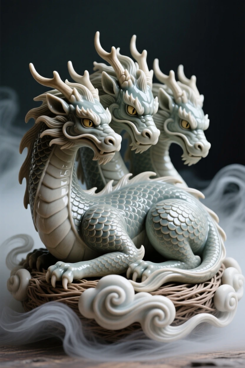 A chimera with three fierce heads curled peacefully in a nest of clouds, wrapped in wisps of enchanted mist, evoking timeless wonder and ancient magic.