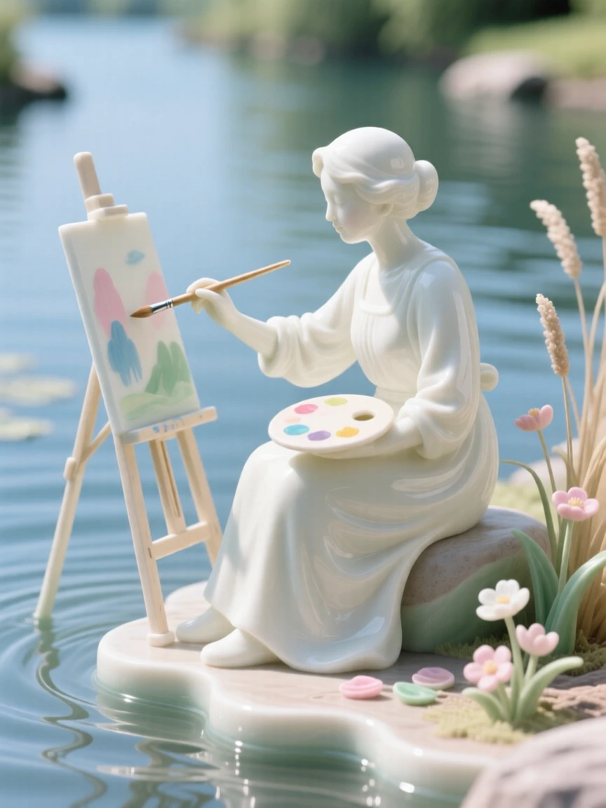 An everyday moment of quiet beauty: an artist painting beside a river, quiet, warm, and full of gentle charm.