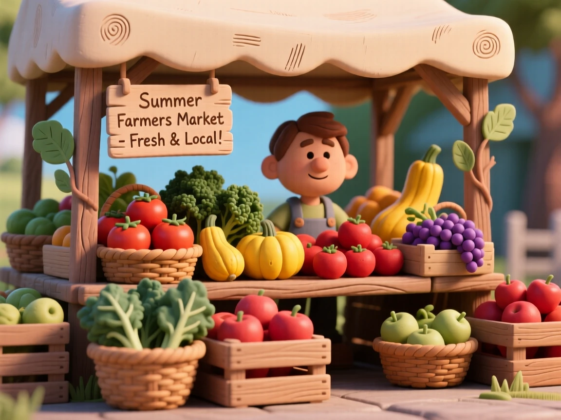 A summer farmers market stall overflowing with fresh produce