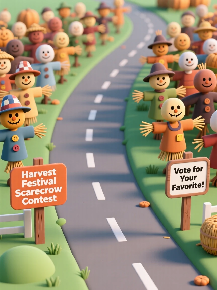 A festive harvest festival scarecrow contest lines a country road with dozens of creatively dressed straw figures.