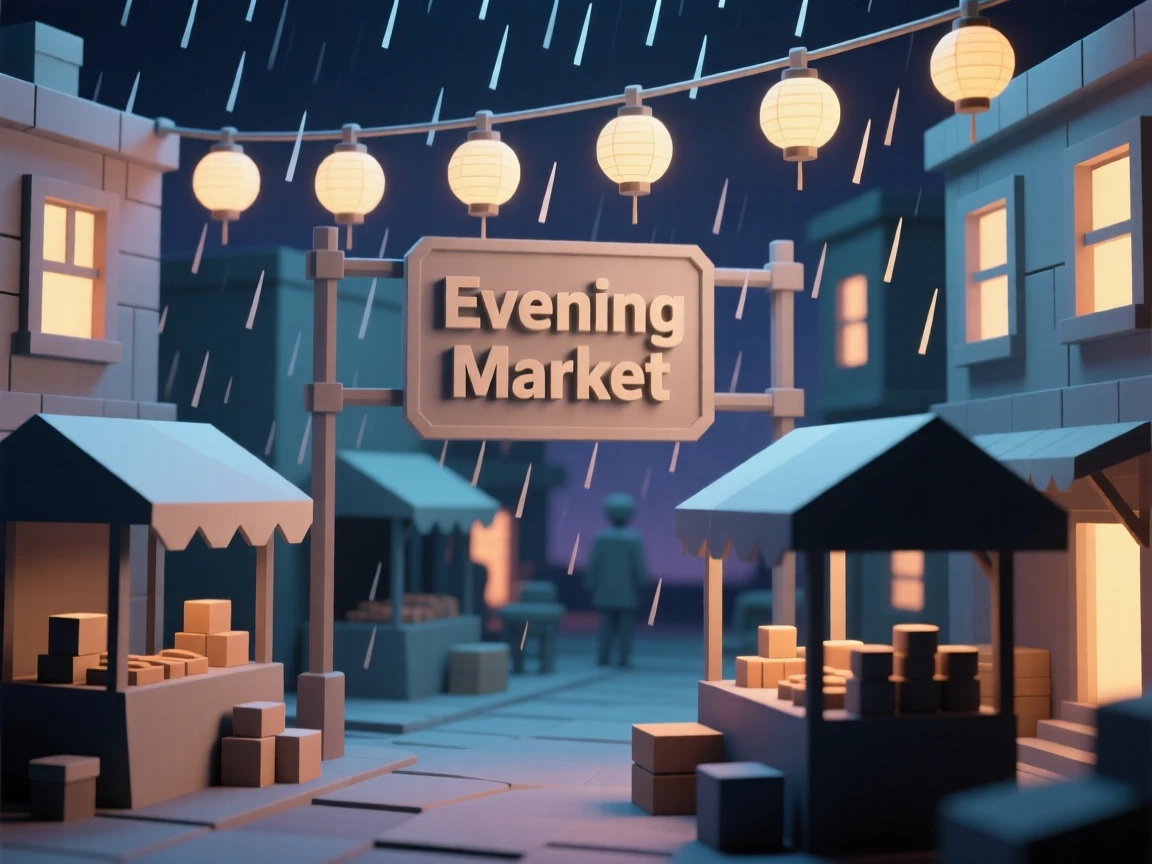 A bustling street market strung with colorful lanterns, under a gentle evening rain. warm window lights add a cozy glow to the scene. The mood feels romantic and picturesque.