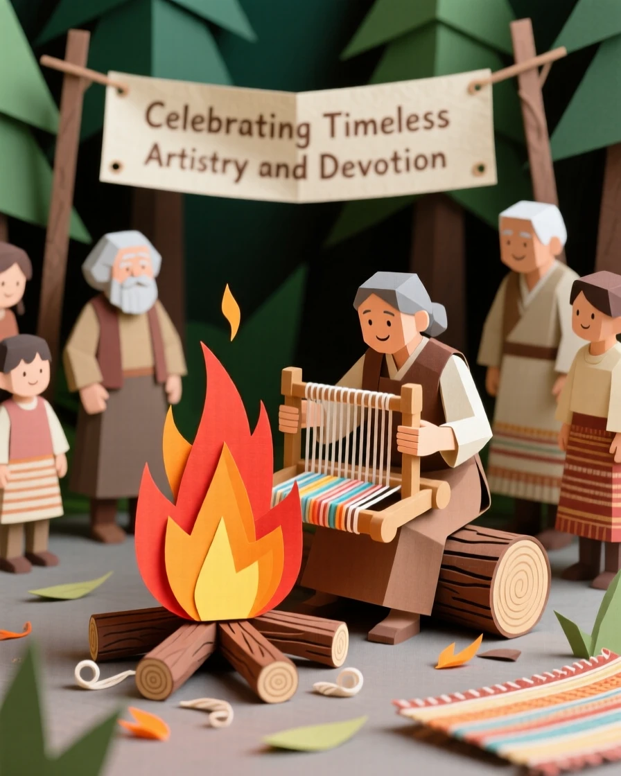 An artisan textile weaver gathered around a crackling bonfire, with generations gathered together in celebration, evoking timeless artistry and devotion.